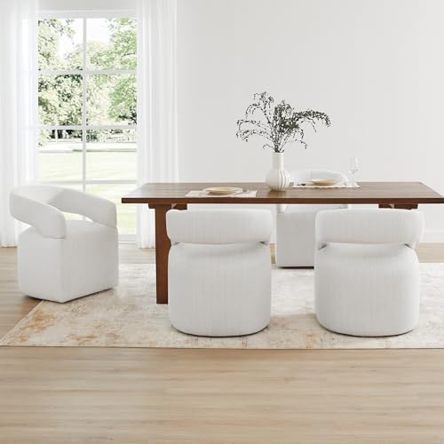 Image of KISLOT Upholstered Dining Chairs Set of 4, Modern Rolling Dining Chairs with Hidden Casters, Arm Kitchen Chairs with Linen Look Fabric, Padded Barrel Chairs for Dining Room, Kitchen, Bedroom, Linen