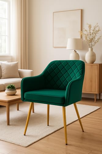 Image of Barfi Velvet Dining Chair | Premium Modern Upholstered Accent Chair with Armrest, Padded Seat and Metal Legs | Comfy Chair for Home, Office & Restaurents (Green)