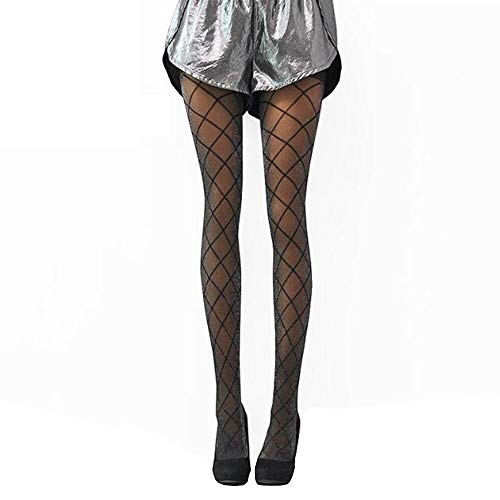 Women Sexy Pantyhose Black Big Cross Diamond Rhombus Grid Thin Stocking Shimmer Pearly Tights (Black(Rhombus Grid))