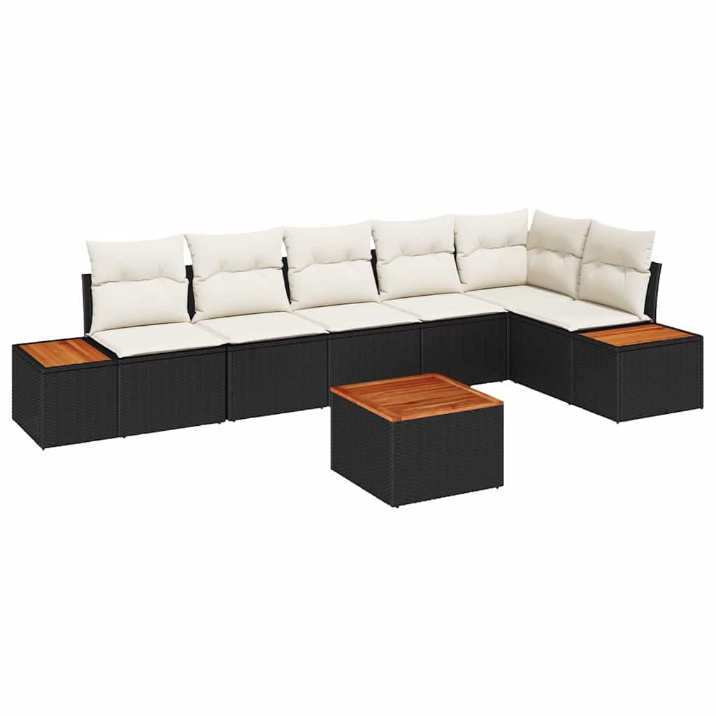 Juego de muebles de terraza minimalistas de 7 piezas como muebles de jardín de poliratán moderno con sofá modular exterior y cojines en negro y crema