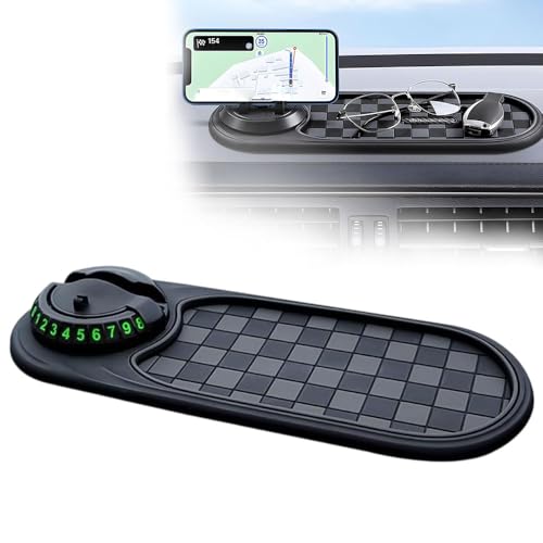 Fodeuxp Multifunction Car Anti-Slip Mat, 2025 New Multifunctional Car Dashboard Mobile Phone Holder with Temporary Parking Number, Rotatable Anti Skid Car Dashboard Pad (Grey-Black)