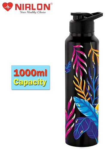 Image of NIRLON Classic Flip UV Printed Single Wall Stainless Steel Sipper Cap Water Bottle 1000ml |Fridge Water Bottle| Office Bottle|Gym Bottle|School Bottle|Treking Bottle|Travel Bottle (Lucid Black)