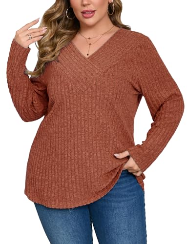 Image of Plus Size Sweaters for Women Casual V Neck Tops Long Sleeve Shirts Oversized Lightweight Knit Sweater