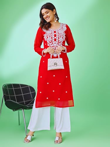 Image of HESVI Women's Georgette White Lakhnavi Chikankari Kurti with Intricate Embroidery Work