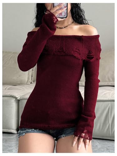 Image of MakeMeChic Women's Ripped Bell Sleeve Sweaters Off The Shoulder Knitted Pullovers Top