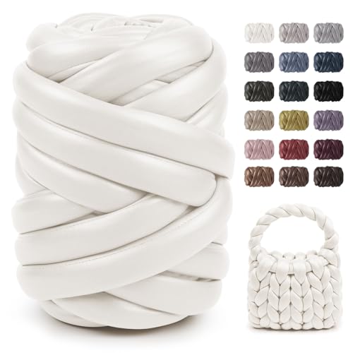 LEREATI Lana Gruesa para Tejer a Mano 500g 2.5cm x 17m Ovillo Lana Gorda Chunky Yarn Ovillo Tubular Gruesa para Tejer con las Manos Mochilas Cestas Almohadas Alfombras Nido de Animales (Blanco Marfil)