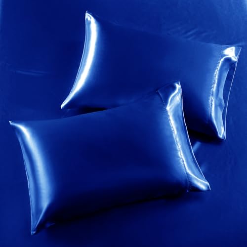 Image of SiinvdaBZX 3-Piece Set Satin Full Fitted Sheet & 2 Pillowcase, Royal Blue Silky Soft Fitted Bottom Sheet, Wrinkle Free, Fade Resistant, Deep Pocket Bed Sheet (Deep Up to 15 inch)