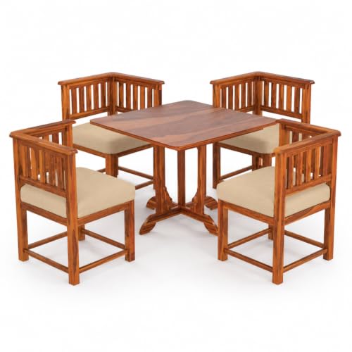 Image of Sheesham Wood 4 Seater Dining Table with 4 Cushioned Chairs for Living Room Home Office Dining Room Wooden Dininig Set (Natural Finish)