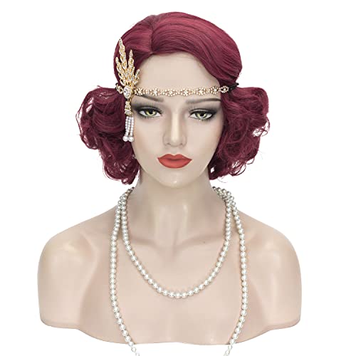 Image of Finger Wave Wig Women Dark Red Flapper 1920s Vintage Lady Short Curly Wig Halloween Party Cosplay Costume Synthetic Hair + Accessories (Burgundy)