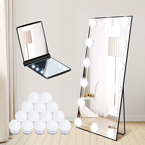 Crybeno Hollywood LED Vanity Lights for Mirror with 14 Dimmable Light Bulbs, Plug in Vanity Mirror Light Strip for Makeup Dressing Table Full Body Mirror, White (Include Mini Led Mirror)