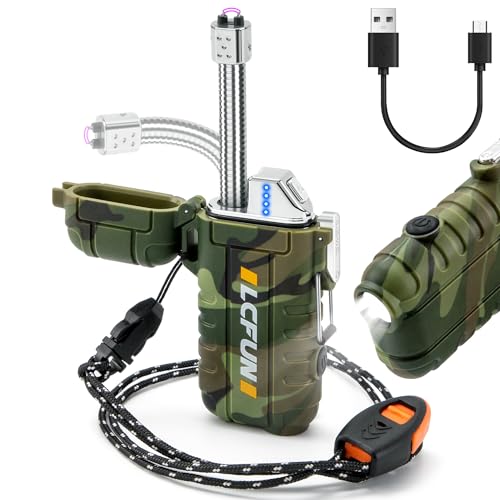 LcFun Electric Lighter USB Rechargeable Arc Lighter Windproof Plasma Lighters with LED Battery Display, Waterproof Electronic Lighter with Flashlight for Candle, Camping, Survival Tactical Gear