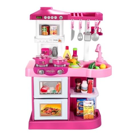 TEMI Play Kitchen Playset Pretend Food - 53 Pieces Pink Kitchen Toys for Toddlers, Toy Accessories Toddler Set with Sound and Light, Toddler Outdoor Playset for Kids, Girls and Boys Cover