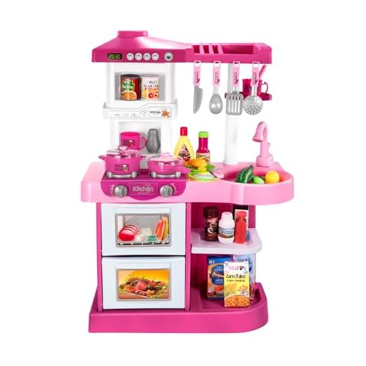 Temi Play Kitchen Playset Pretend Food - 53 PCS Pink Kitchen Toys for Toddlers, Toy Accessories Toddler Set w/ Real Sounds and Light, Toddler Outdoor Playset for Kids, Girls & Boys