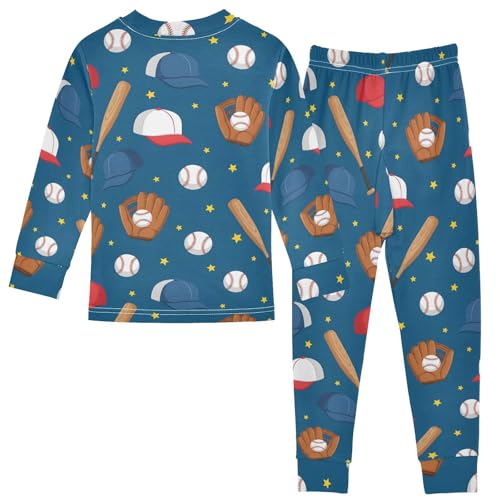 Pajama Sets Long Sleeve Baseball Equipment Pattern on Blue Soft Comfy Sleepwear 2 Piece PJS 3-8T3