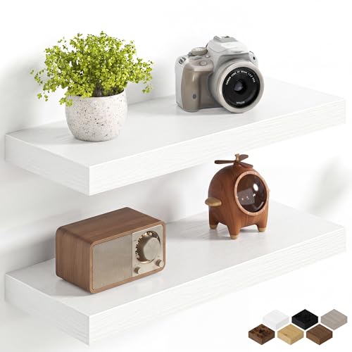 Image of Fun Memories 20Inch Floating Shelves for Wall, 8 Inch Deep Shelves for Bathroom|Bedroom|Kitchen Wall Mounted, Wood Hanging Shelf with Invisible Brackets for Home Storage Decor, White - 2 Pack