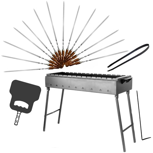 Klappbarer Schaschlikgrill 2 mm Stahl, 90 cm lang, Holzkohlegrill mit 14 Edelstahlspießen mit Holzgriff Grillfächer – BBQ Mangal für Grillspieße oder Grillrost, ideal für Picknick, Garten Camping