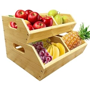 2-Pack Stackable Vegetable Storage Bins, Bamboo Storage Baskets for Kitchen and Pantry Organization, for Potato, Onion, Fruits, and Snacks