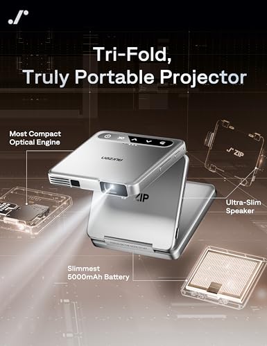 Image of Aurzen ZIP Tri-Fold DLP Portable Mini Projector with Bluetooth 5.4, Screen Mirroring, 5000mAh Battery, Type-C Fast Charging, Zero-Lag Focus&Keystone,720P Pico Projector,Built-in Stand, 20 inch-125 inch,White