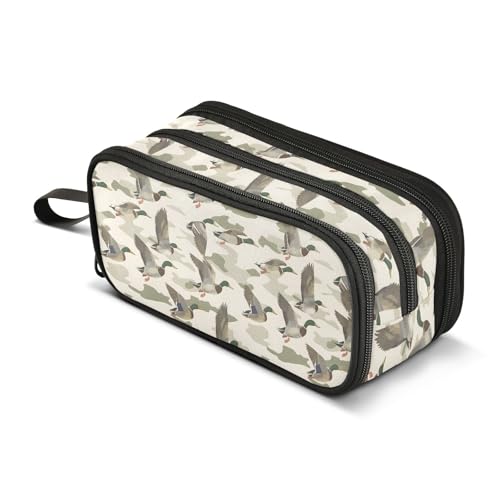 Image of Wild Duck Camouflage Background Pencil Case 3 Compartment Pen Bag Pouch Holder Box School Portable Stationery Storage Bag for Girls Boys