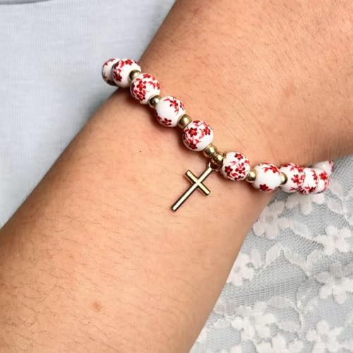 Cross Charm Bracelet for Women,Flower Floral Antique Vintage Bracelet Beaded and Cross Stretch Bracelet Aesthetic Religious Christian First Communion Baptism Confirmation Gifts Jewlery Gifts2
