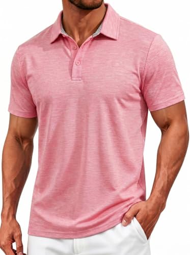 TACVASEN Polo Shirts for Men Quick Dry Moisture Wicking Lightweight Shirts Short Sleeve Collared Performance Golf Polo Work Casual Pink M