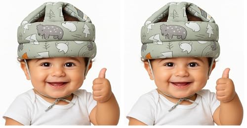 Image of Baby Infant Toddler Helmet No Bump Safety Head Cushion Bumper Bonnet Adjustable Protective Printed Cap Child Safety Headguard for Running Walking Crawling Safety Helmet (Green) (Pack of 2)