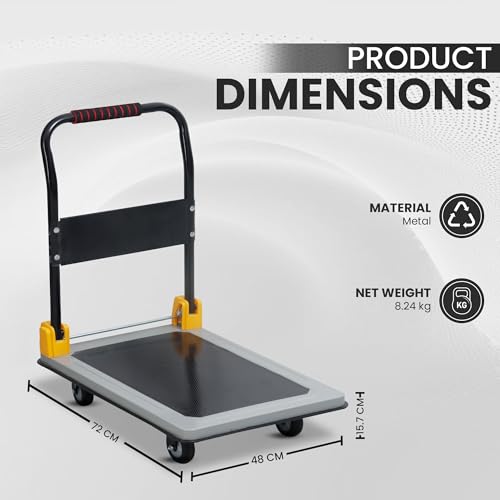 Image of Robustt 200 Kg Heavy-Duty Metal Foldable Platform Trolley (Grey) | Hand Truck with 360 Rotating Wheels & Cushioned Grip | Material Handling Cart for Home, Office, Warehouse & Industrial Use