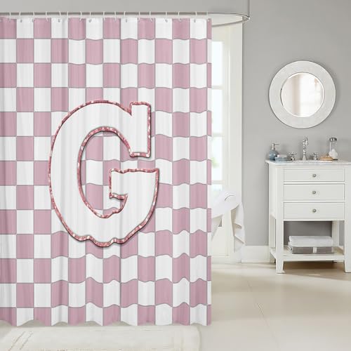 Image of Erosebridal Pink Initial G Bathroom Accessories Kawaii Plaid Checkered Shower Curtain Cute Personalized Monogram Bathroom Curtain for Kids Girls 72 inch Wx72 L Fashion Grids Gingham Shower Decor