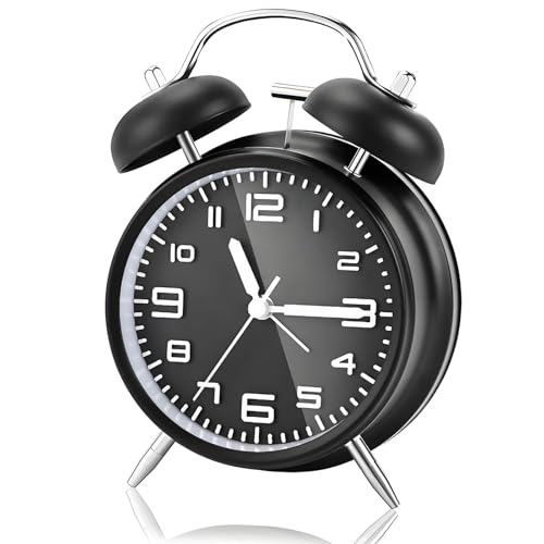 DxxD Icke-tickande analog väckarklocka, digital väckarklocka för barn, stark tung sovande vuxen väckarklocka, 10,2 cm metallväckarklocka med dubbel bakterieklocka, sängväckarklocka, svart