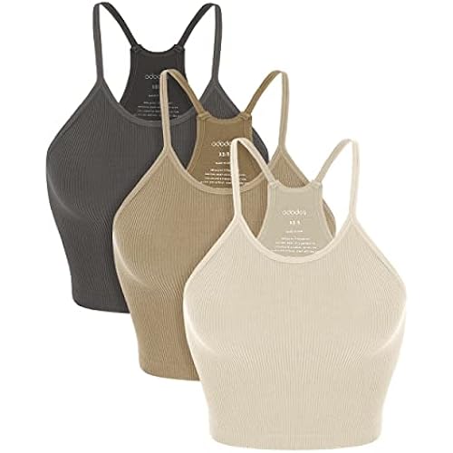 ODODOS Women's Crop 3-Pack Seamless Rib-Knit Camisole Crop Tank Tops