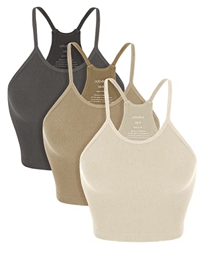 ODODOS Women's Crop 3-Pack Seamless Rib-Knit Camisole Crop Tank Tops, Mushroom Taupe Charcoal, Medium/Large