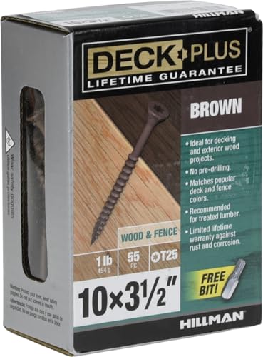 Image of Deck Plus 3-1 /2 Inch Epoxy Coated Exterior Wood and Fence Screws #10 x 3-1 /2 inch Torx /Star Drive Included Coarse Thread, Outdoor Rust Resistant Decking Screw, Brown, 1lb Box, 55 Pieces | 49011