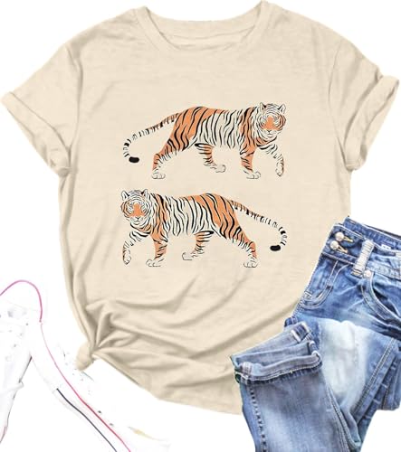 Tiger Shirt Women Vintage Animal Graphic T-Shirt Casual Short Sleeve Crewneck Tee Summer Loose Fit Tops Apricot