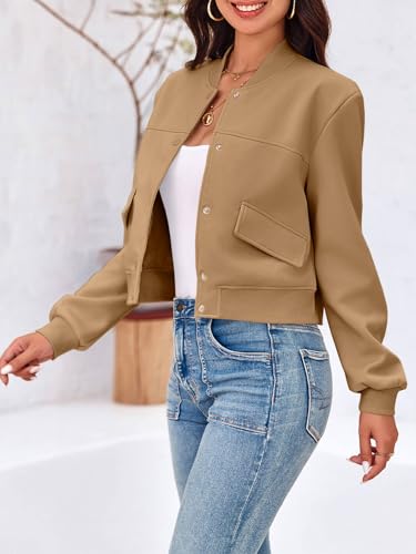 Image of Tankaneo Womens Cropped Bomber Jackets Casual Button Down Long Sleeve Stand Collar Varsity Shacket Coats