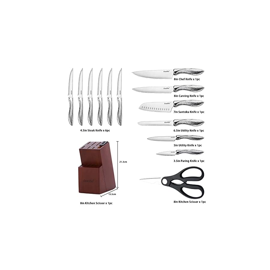 Kitchen Knife Set, dearithe 14 Piece High Carbon Stainless Steel Knife Block Set with Built-in Sharpener, Professional Chef Knife Set, Knife Sets for Kitchen with Block