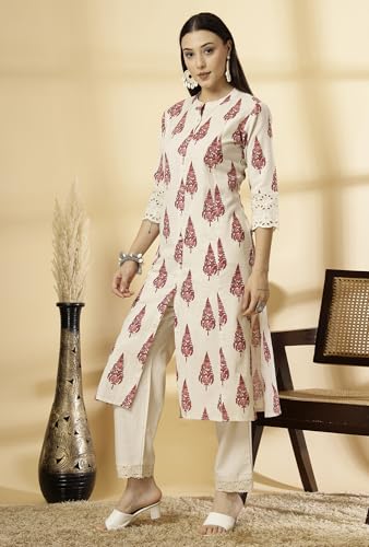 Image of Pistaa's Women's Cotton Regular Fit A Line Regular A-Line Printed Cutwork Sleeve Kurta