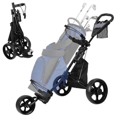 sxvbdway 3 Wheel Golf Push Cart Trolley, Portable Foldable Golf Bag Cart with Ball Loading Aperture Scorecard Board Water Bottle Holder Foot Brake, Easy Transport Black