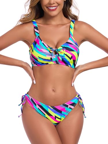 Ocean Blues Women's Two-Piece Bikini Set with Lace-Up Back Bralette Keyhole Bikini Top and Tie-Side Bottoms3