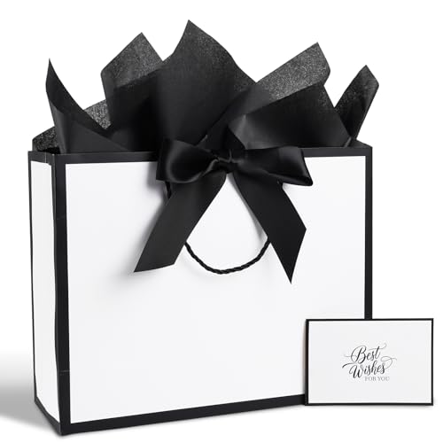 Plauthus White Gift Bag with Ribbon 13 Large Gift Bag with Handle Greeting Card & 2 Tissue PaperBlack Frame DIY Gift Bag for Birthdays Retirements Anniversaries Any Occasion