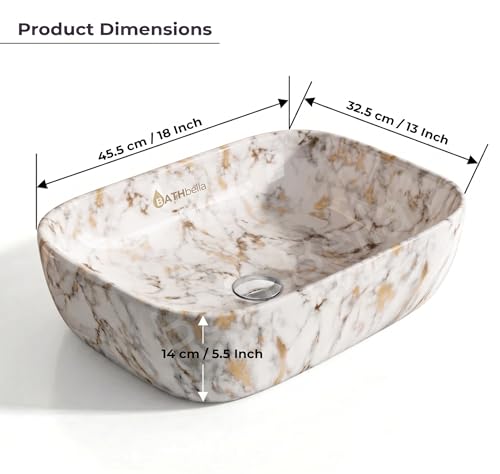 Image of Designer Ceramic Wash Basin For Bathroom | Over Counter Bathroom Basin | Counter Top Bathroom Sink | Wash Basin For Restaurant, Hotel (18 x13 x 5 Inch) (White Gold Sport)