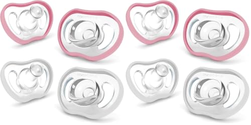 Image of Nanobebe Active Baby Pacifiers 4-36 Months - Orthodontic, Lightweight and Vented, Curves Comfortably with Face Contour, 100% Silicone - BPA Free, Perfect Baby Registry Gift 4pk, White /Pink (Pack of 2)