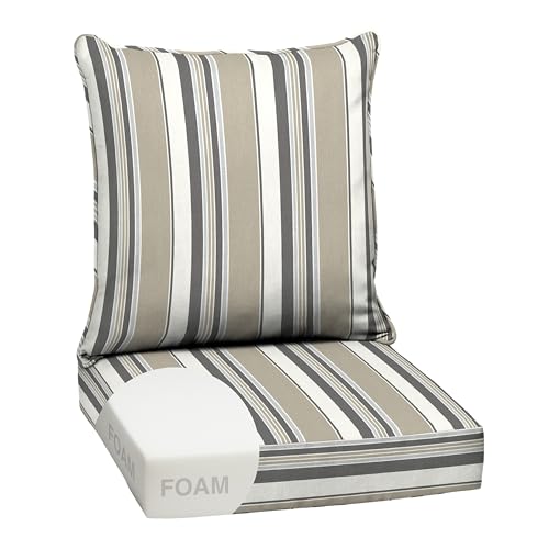 Image of Arden earthFIBER Outdoor Foam Deep Seat Cushion Set, 24x24, Premium High-Density Foam, Never Flattens, Weather-Proof for Patio Chair Sofa Couch, Taupe Grey Boardwalk Stripe