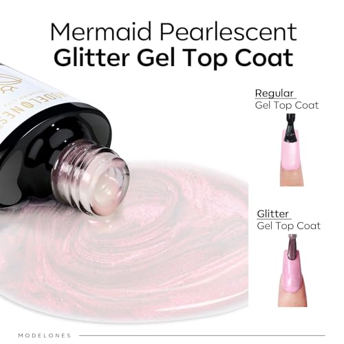 Image of modelones Pearl Gel Nail Polish Top Coat, 2-in-one Clear Pearlescent Glitter Glossy Sparkle Finish Long Lasting Soak Off Mermaid Shimmer Manicure Nail Art Home Salon DIY