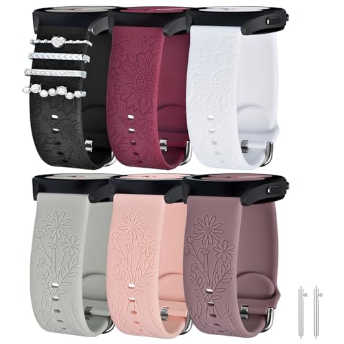 YOPICKERN 6 Pack Bands for Samsung Galaxy Watch 5 & 4 Band with 4 Charms, 20mm Women Floral Engraved Silicone Strap with Decorative Rings Loops for Active 2/Watch 5 Pro/Watch 4 Classic 46mm 42mm/Watch