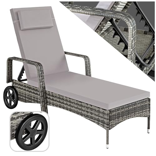 TecTake Rattan Garden Sun Lounger, Adjustable Backrest, Grey