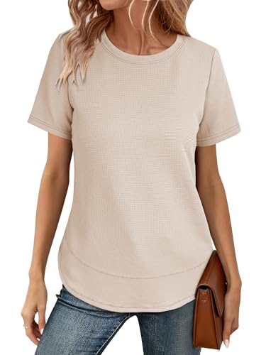 ANRABESS Womens Waffle Knit Tops Short Sleeve Crewneck Shirts Curved Hem Summer Dressy Casual Blouses Spring Fashion Clothing Parchment Small
