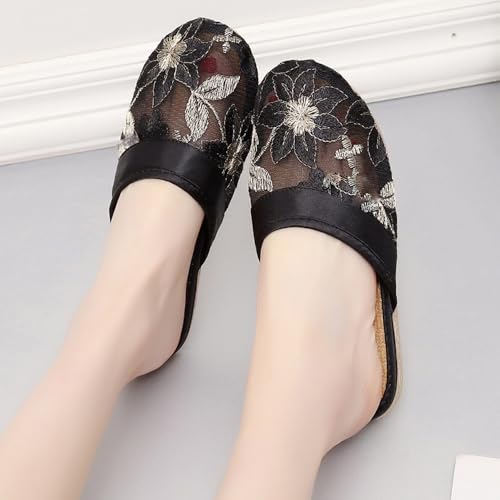 Women's Mesh Slippers Embroidered Closed Toe Flax House Loafers Mules Backless Floral Sandals Breathable Portable Home Travel Spa Guest Indoor Skidproof Beach Mother's Day Shoes4
