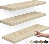 BAYKA Rustic Wood Floating Shelves, Wall Mounted, Set of 3, 16 Inch, 22 lbs Capacity - For Bathroom, Bedroom, Living Room, Kitchen Storage and Decor