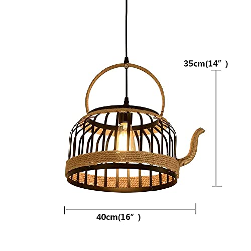 Lustre corde de chanvre et fer blanc forme théière suspension originale E27 - 2