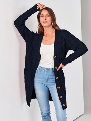 Image of PRETTYGARDEN Long Sleeve Cable Knit Long Cardigan for Women 2026 Spring Winter Chunky Open Front Button Sweaters with Pockets